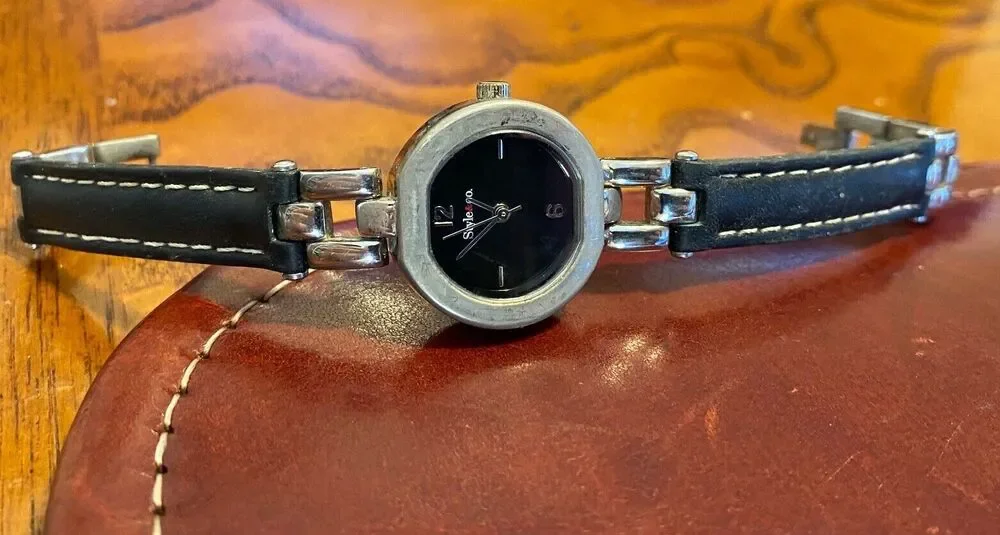 Women's 23mm Style&Co Watch, Metal Tone with Black Face and Leather Band